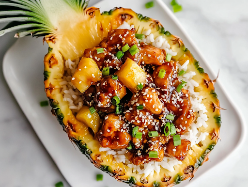 The final plated dish on the white marble cooktop, featuring the pineapple bowl filled with teriyaki chicken and rice, garnished with sesame seeds, chopped green onions, and extra pineapple chunks. The vibrant colors and textures make it visually stunning.