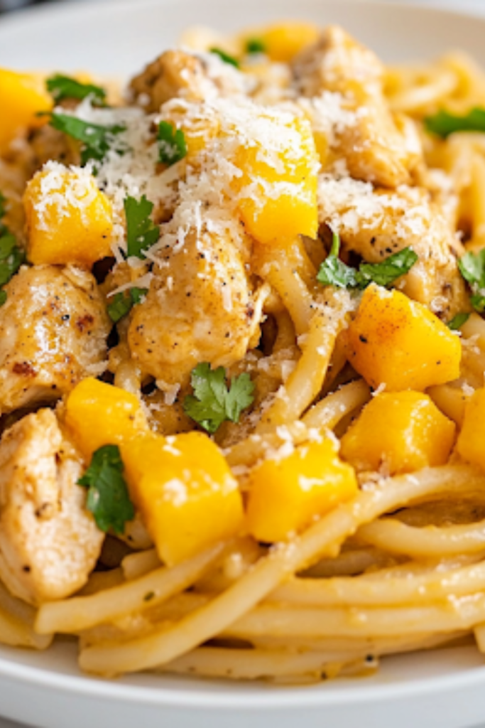 A serving plate on a white marble cooktop presents the rich and creamy Chicken Tikka Alfredo, garnished with freshly grated Parmesan and chopped cilantro. A spoonful of mango chutney sits on the side, adding a sweet contrast to the dish.