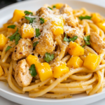A serving plate on a white marble cooktop presents the rich and creamy Chicken Tikka Alfredo, garnished with freshly grated Parmesan and chopped cilantro. A spoonful of mango chutney sits on the side, adding a sweet contrast to the dish.