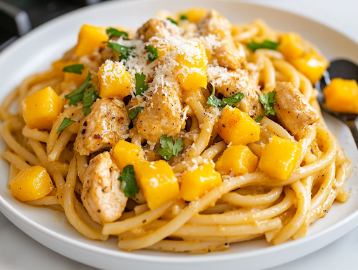 A serving plate on a white marble cooktop presents the rich and creamy Chicken Tikka Alfredo, garnished with freshly grated Parmesan and chopped cilantro. A spoonful of mango chutney sits on the side, adding a sweet contrast to the dish.