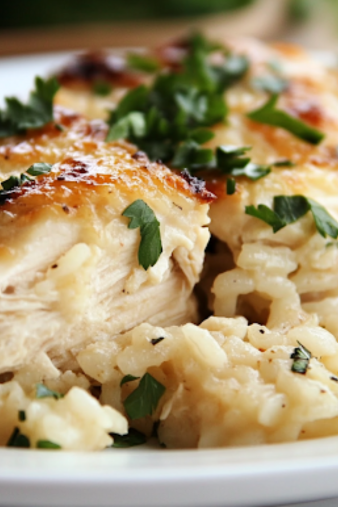 A serving of baked chicken and rice casserole on a white plate, garnished with freshly chopped parsley. The dish looks warm, comforting, and ready to be enjoyed.