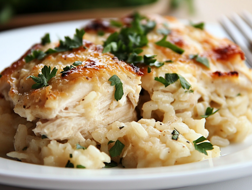 A serving of baked chicken and rice casserole on a white plate, garnished with freshly chopped parsley. The dish looks warm, comforting, and ready to be enjoyed.