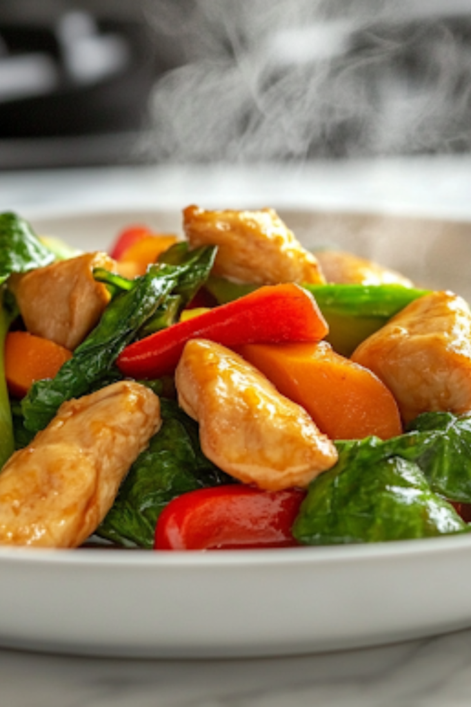A close-up shot of a steaming plate of stir-fried chicken and vegetables, freshly served on a white ceramic plate over the white marble cooktop. The vibrant vegetables and golden chicken glisten in a light, flavorful sauce, ready to be enjoyed.