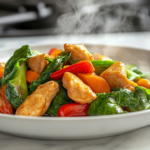 A close-up shot of a steaming plate of stir-fried chicken and vegetables, freshly served on a white ceramic plate over the white marble cooktop. The vibrant vegetables and golden chicken glisten in a light, flavorful sauce, ready to be enjoyed.