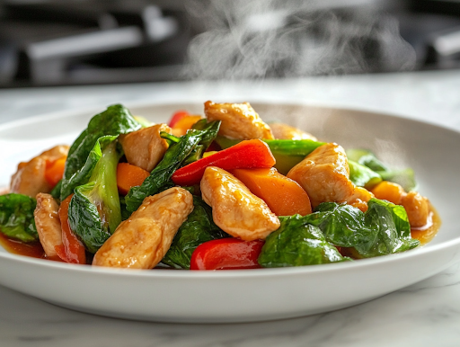 A close-up shot of a steaming plate of stir-fried chicken and vegetables, freshly served on a white ceramic plate over the white marble cooktop. The vibrant vegetables and golden chicken glisten in a light, flavorful sauce, ready to be enjoyed.
