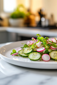 A close-up view of a serving plate on a white marble cooktop with the chilled cucumber and herb salad beautifully arranged. The fresh ingredients glisten under soft lighting, highlighting their vibrant colors and inviting presentation, ready to be enjoyed.