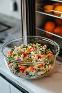 A close-up shot of a covered glass bowl resting on a white marble cooktop, with the almond chicken salad inside, chilling in the refrigerator to enhance its flavors before serving.