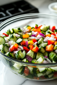 A close-up view of a covered glass mixing bowl on a white marble cooktop, chilling in the refrigerator. The vibrant cucumbers, onions, and bell peppers are soaking in the flavorful dressing, allowing the flavors to meld together.