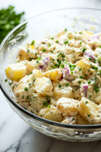 A close-up of a mixing bowl on a white marble cooktop, now covered with plastic wrap and placed inside the refrigerator. The potato salad is chilling before serving to enhance its flavors.
