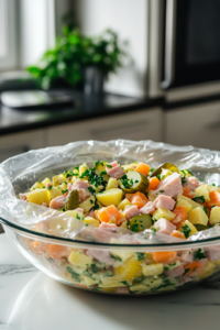 A close-up shot of the glass mixing bowl on the white marble cooktop, now covered with plastic wrap and placed inside the refrigerator to chill. This step allows the flavors to meld together before serving.