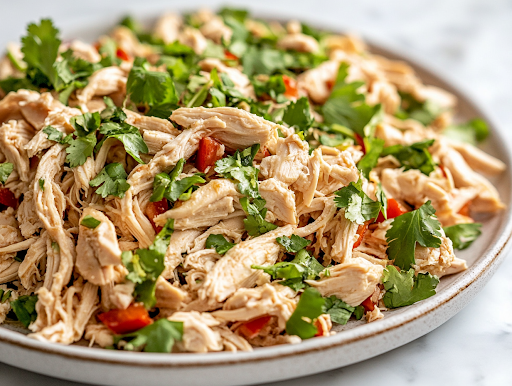 A serving plate on a white marble cooktop showcases the fully mixed Chinese Chicken Salad, bursting with crisp textures and vibrant colors. Fresh herbs garnish the dish, making it ready to be served.