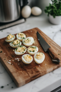 A close-up of a wooden cutting board on a white marble cooktop, with freshly peeled and neatly chopped hard-boiled eggs. A sharp knife rests beside them, ready for the next step in preparation.