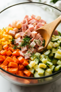 A close-up shot of the glass mixing bowl on the white marble cooktop, now filled with all the chopped ingredients, including green onions and dill. A wooden spoon rests inside, ready to blend the flavors together.
