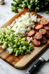 A wooden cutting board sits on the white marble cooktop, neatly arranged with freshly chopped onions, green bell peppers, celery, and minced garlic. A sharp knife rests nearby, and sliced andouille sausage is ready for cooking, preparing the ingredients for the gumbo.