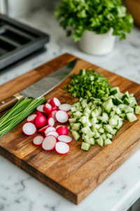 A close-up of a wooden cutting board on a white marble cooktop, neatly arranged with finely diced cucumber, thinly sliced radishes, chopped celery, and minced chives. A sharp chef's knife rests beside them, ready for further preparation.