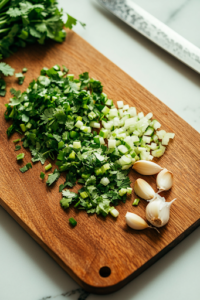 A close-up view of a wooden cutting board on a white marble cooktop, neatly arranged with finely chopped fresh cilantro, minced green onions, and garlic. A chef’s knife is placed beside the fresh, aromatic ingredients.