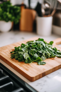 A close-up shot of a wooden cutting board on the white marble cooktop, with freshly chopped baby spinach piled in the center. A sharp chef’s knife rests beside it, ready to finely chop the greens for a nutritious addition to the egg mixture.