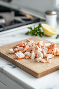 A wooden cutting board on the white marble cooktop with imitation crab meat being chopped into bite-sized pieces. A sharp knife rests beside the neatly cut crab, ready to be added to the salad.