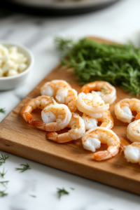 A wooden cutting board placed over the white marble cooktop with a sharp knife chopping cooked shrimp into small pieces. Finely minced garlic, parsley, and dill are neatly arranged beside the shrimp, ready for mixing.