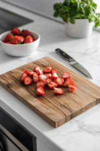 A close-up shot of a wooden cutting board on the white marble cooktop, with freshly diced strawberries sprinkled with sugar. A sharp knife and a small bowl of extra strawberries are nearby, ready to enhance the creamy filling with fresh fruit flavor.