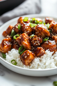 A close-up shot of a pair of chopsticks picking up a bite of perfectly glazed sweet chili chicken, garnished with sesame seeds and green onions. In the background, a bowl of steaming white rice sits on the white marble cooktop, complementing the delicious, saucy dish.