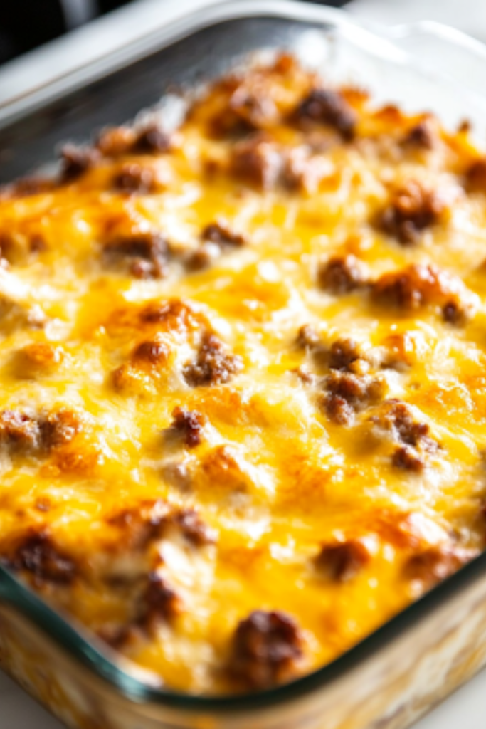 A close-up shot of a freshly baked golden-brown sausage breakfast casserole resting on the white marble cooktop. The melted cheese is bubbly, the edges are slightly crisp, and the casserole is perfectly set, ready to be sliced and served for a delicious Christmas breakfast.