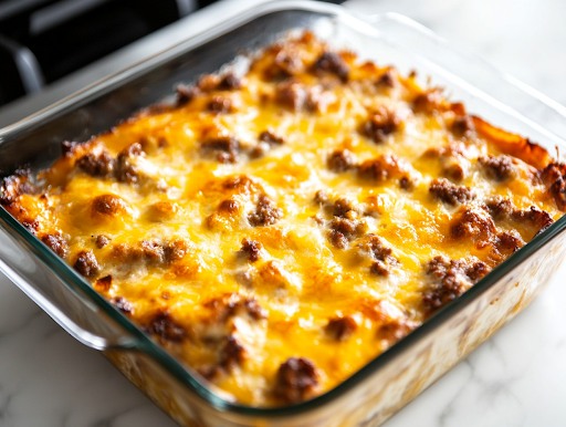 A close-up shot of a freshly baked golden-brown sausage breakfast casserole resting on the white marble cooktop. The melted cheese is bubbly, the edges are slightly crisp, and the casserole is perfectly set, ready to be sliced and served for a delicious Christmas breakfast.
