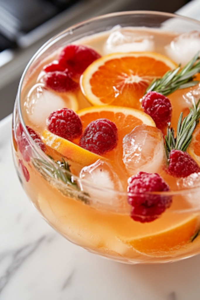 A close-up shot of a glass filled with the Festive Cranberry Pomegranate Punch on the white marble cooktop. The deep red liquid glows under the light, garnished with a floating orange slice and a sprig of rosemary, making it look refreshing and ready to be served.