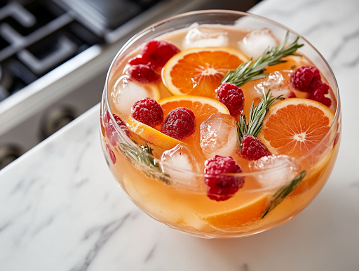A close-up shot of a glass filled with the Festive Cranberry Pomegranate Punch on the white marble cooktop. The deep red liquid glows under the light, garnished with a floating orange slice and a sprig of rosemary, making it look refreshing and ready to be served.