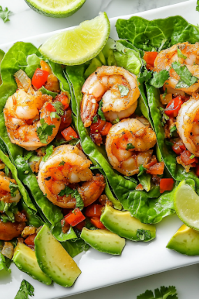 A close-up shot of fully assembled garlic cilantro lime shrimp lettuce wraps arranged on a white serving platter over a white marble cooktop. Lime wedges, avocado slices, and diced tomatoes are placed around the wraps, making them look fresh and ready to be served.