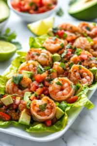 A close-up shot of fully assembled garlic cilantro lime shrimp lettuce wraps arranged on a white serving platter over a white marble cooktop. Lime wedges, avocado slices, and diced tomatoes are placed around the wraps, making them look fresh and ready to be served.
