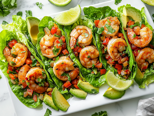 A close-up shot of fully assembled garlic cilantro lime shrimp lettuce wraps arranged on a white serving platter over a white marble cooktop. Lime wedges, avocado slices, and diced tomatoes are placed around the wraps, making them look fresh and ready to be served.