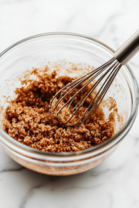 A close-up of a glass mixing bowl on a white marble cooktop, where brown sugar and cinnamon are being stirred together with a small whisk. The mixture has a rich, golden-brown color, evenly blended to create a fragrant cinnamon-sugar mix.