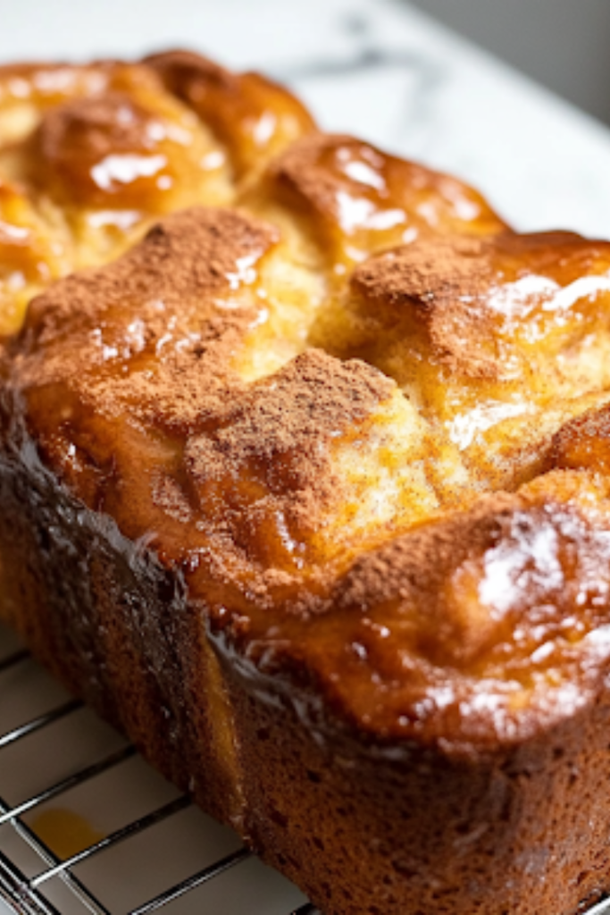 A small glass bowl on the white marble cooktop, where powdered sugar is being whisked with milk to create a smooth glaze. A spoon drizzles the glaze over the cooled cinnamon apple bread, which sits on a wire rack, ready to be enjoyed.