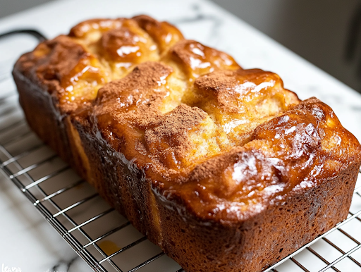 A small glass bowl on the white marble cooktop, where powdered sugar is being whisked with milk to create a smooth glaze. A spoon drizzles the glaze over the cooled cinnamon apple bread, which sits on a wire rack, ready to be enjoyed.