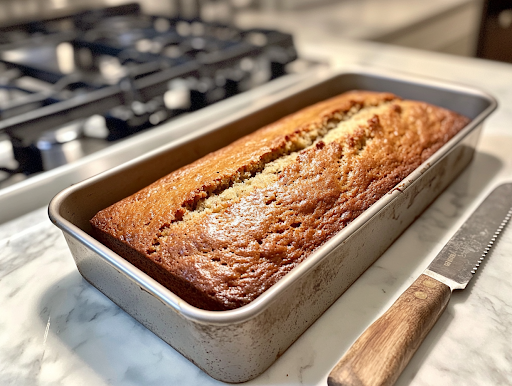 A close-up of a freshly baked golden-brown banana bread loaf cooling in its pan on a white marble cooktop. A knife rests beside the pan, ready to slice into the moist, fluffy bread, revealing its soft and tender crumb.