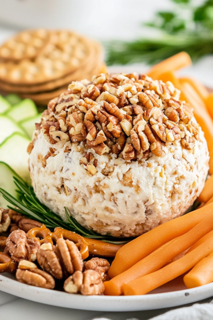 A close-up shot of the chilled cheese ball sitting on a serving plate over the white marble cooktop, surrounded by crackers, pretzels, and fresh veggies. A spreader knife rests beside it, ready for serving.