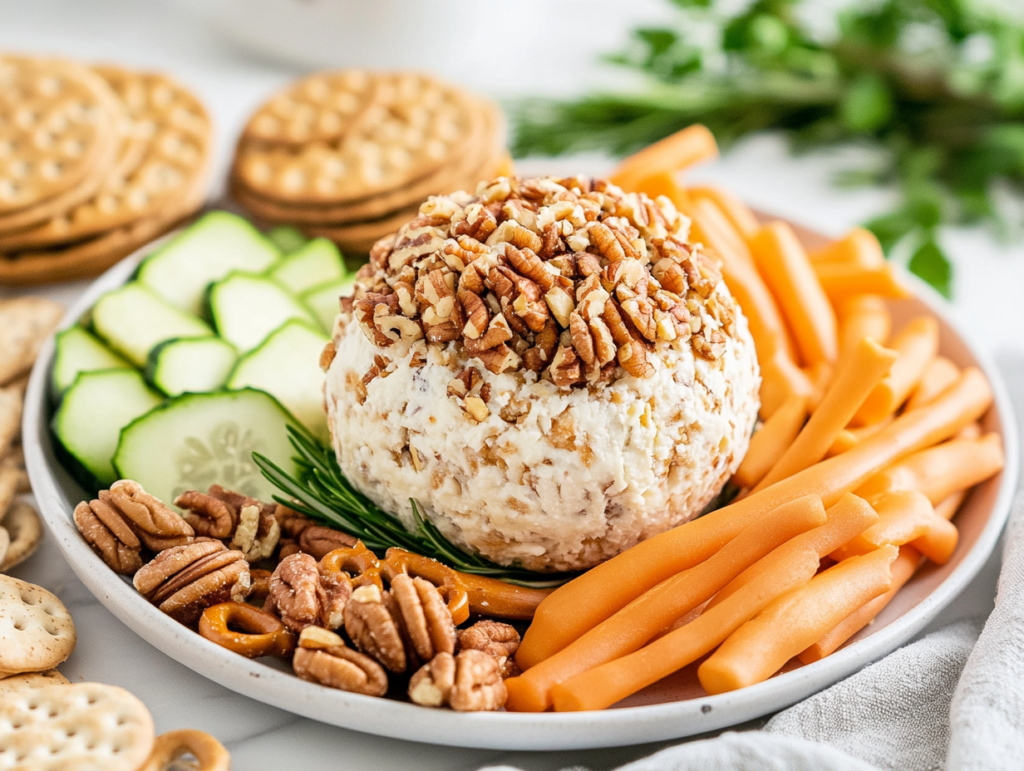 A close-up shot of the chilled cheese ball sitting on a serving plate over the white marble cooktop, surrounded by crackers, pretzels, and fresh veggies. A spreader knife rests beside it, ready for serving.