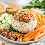 A close-up shot of the chilled cheese ball sitting on a serving plate over the white marble cooktop, surrounded by crackers, pretzels, and fresh veggies. A spreader knife rests beside it, ready for serving.