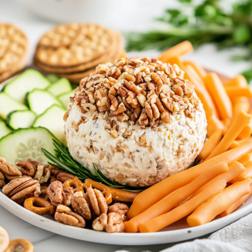 A close-up shot of the chilled cheese ball sitting on a serving plate over the white marble cooktop, surrounded by crackers, pretzels, and fresh veggies. A spreader knife rests beside it, ready for serving.