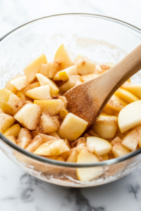 A second glass mixing bowl on the white marble cooktop, containing peeled and chopped Granny Smith apples being tossed with granulated sugar and cinnamon. A wooden spatula stirs the mixture gently, ensuring every apple piece is evenly coated for a rich, spiced flavor.