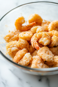 A close-up shot of a glass bowl on the white marble cooktop, as bite-sized chicken pieces and shrimp are tossed in cornstarch. The light coating ensures a crispy texture when fried, preparing them to absorb the flavorful curry sauce.