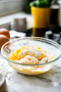 A close-up shot of a glass bowl on a white marble cooktop, where a floured chicken roll is being dipped into beaten egg, fully coated and ready for the next step in the breading process.