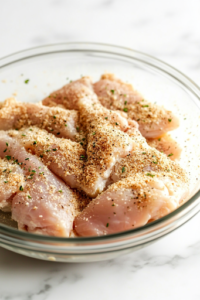 A marinated chicken fillet is being coated in the seasoned flour mixture inside a glass bowl on the white marble cooktop. The chicken is fully covered in the flour, forming a textured, crispy layer, ready for the next step.