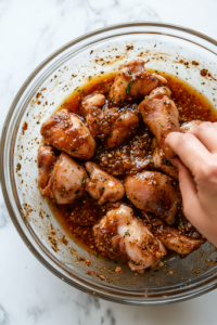 Raw chicken thighs or drumsticks rest in a glass bowl on a white marble cooktop, coated in a deep, dark jerk marinade. A hand mixes the chicken, ensuring every piece is fully covered in the flavorful sauce.