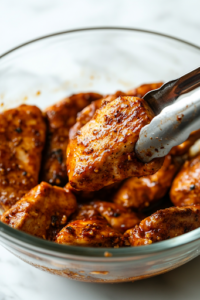 A close-up shot of a glass bowl on a white marble cooktop, where boneless, skinless chicken breasts are being coated in a deep red, smoky marinade. A pair of tongs lifts a piece, glistening with the bold blend of spices and seasonings, ensuring even coverage.