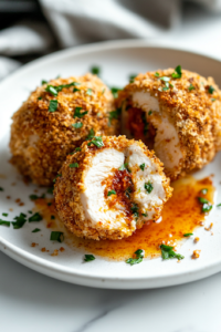 A close-up shot of a plate on a white marble cooktop, where a chicken roll is being coated in a mixture of panko bread crumbs and paprika, creating a crispy and flavorful outer layer.