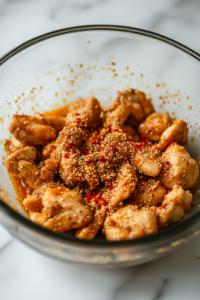 A close-up shot of a glass mixing bowl on a white marble cooktop, where chicken pieces for the Spicy Sesame Chicken Rice Bowl are being coated in crispy panko breadcrumbs and a sprinkle of chili flakes, ensuring an even layer for a crunchy texture.