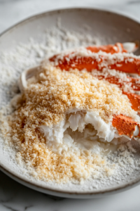A hand dipping a piece of imitation crab leg into the flour, then the beaten egg, and finally rolling it in panko breadcrumbs. The dredging station is neatly organized on the white marble cooktop, ensuring the crab leg is fully coated for a crispy texture.