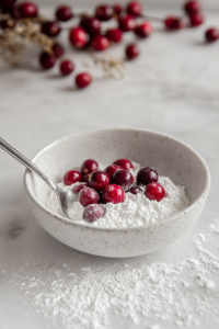 A close-up shot of fresh cranberries being coated in a small bowl of all-purpose flour on the white marble cooktop. A spoon stirs them gently, ensuring an even coating that prevents the cranberries from sinking while baking.